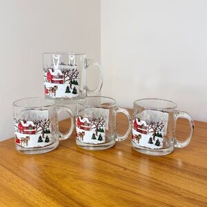 Set Of 4 Libby’s Christmas Village Winter Scene Vintage Glass Mug Made in USA